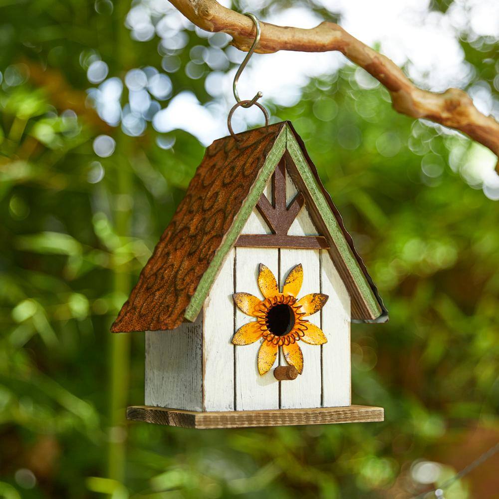 Distressed White and Brown Solid Wood Birdhouse with 3D Metal Flower