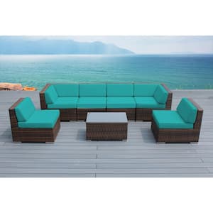 Mixed Brown 7-Piece Wicker Patio Seating Set with Supercrylic Turquoise Cushions