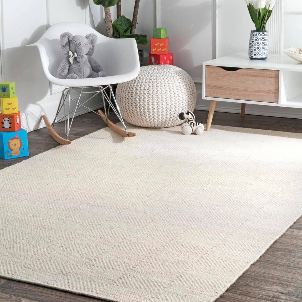 Cream Geometric Tufted Wool Area Rug, 5' x 8'