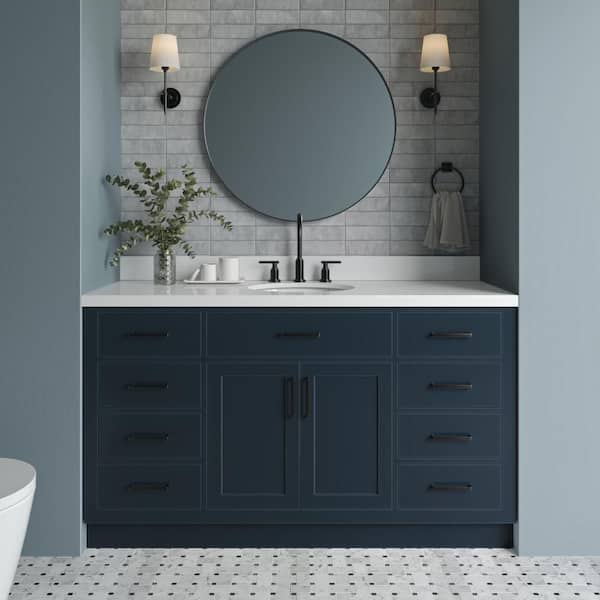 ARIEL Hepburn 61 in. W x 22 in. D x 36 in. H Bath Vanity in Midnight Blue with Pure White Quartz Vanity Top with White Basin