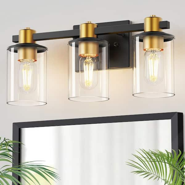 YANSUN 20 in. 3-Light Black Gold Bathroom Vanity Light with Clear Glass ...