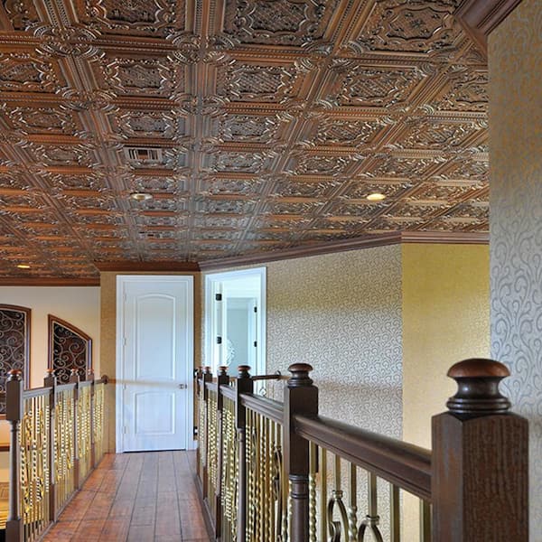 Elizabethan Shield Weathered Iron 2 ft. x 2 ft. PVC Glue Up or Lay in Faux Tin Ceiling Tile (300 sq. ft./Case)