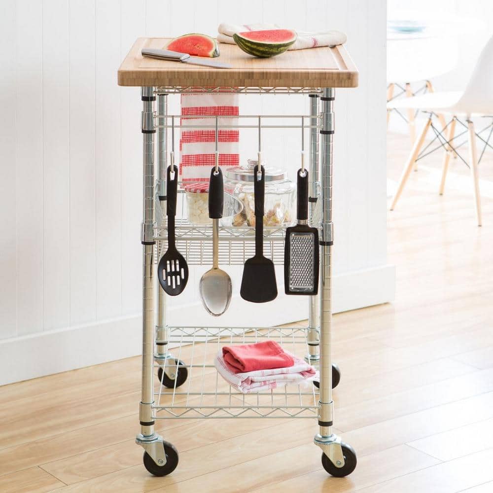 TRINITY EcoStorage Chrome Kitchen Cart with Bamboo Top TBFZ-1401