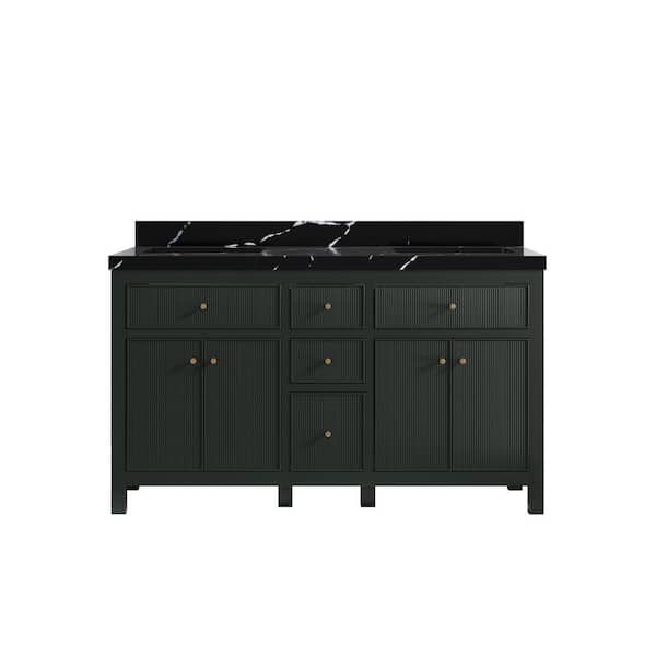 Willow Collections Sonoma 60 in. Double Sink Freestanding Dark Forest Green Bath Vanity with Calacatta Black Quartz Top Unassembled