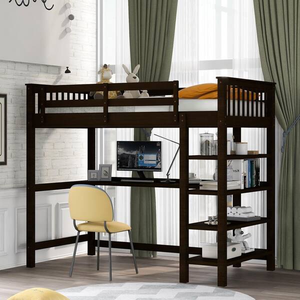 Qualfurn Espresso Rubber Wooden Twin, Bunk Bed With Storage And Desk Underneath