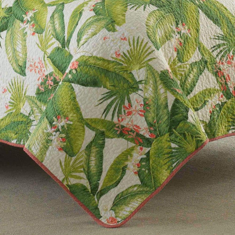 Ecru Cotton Full/Queen Reversible Quilt Set with Palm Leaf Design