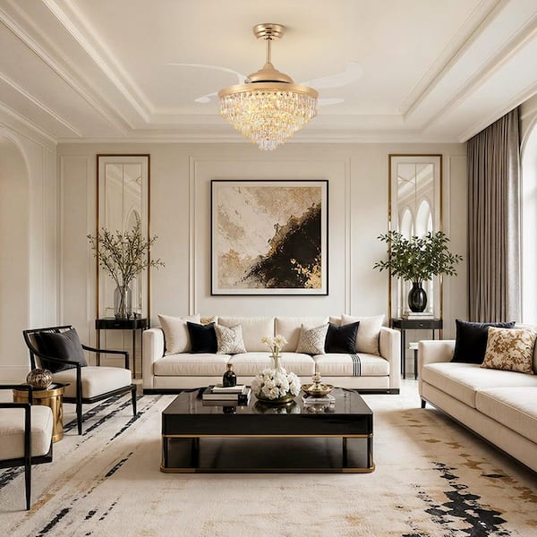 52 in. Modern Indoor Modern Gold Retractable Crystal Ceiling Fan with light and Remote, Chandelier Fan Downrod Mount