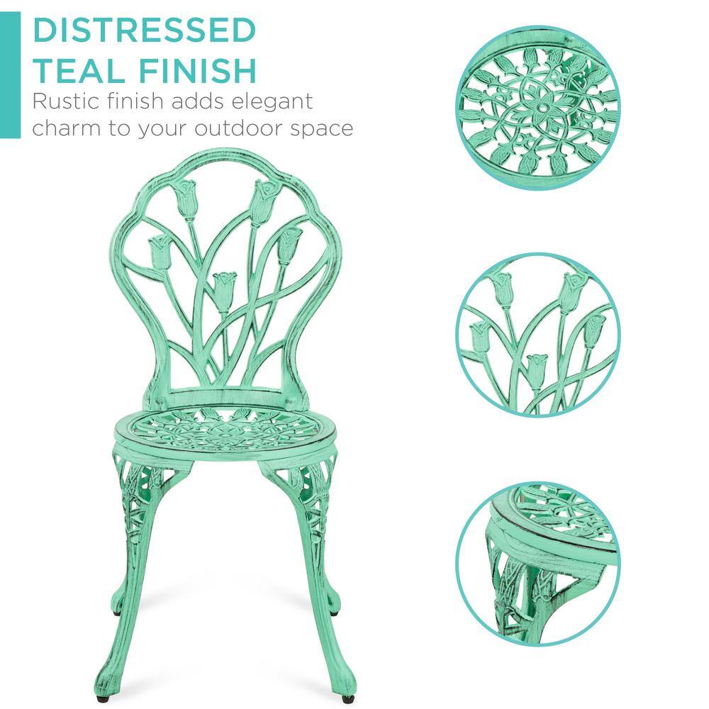 Teal Cast Aluminum Outdoor Bistro Set with Floral Design