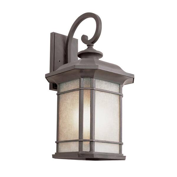 Bel Air Lighting 1-Light Outdoor Fluorescent Rust Wall Lantern Sconce With Tea Stain Linen Glass
