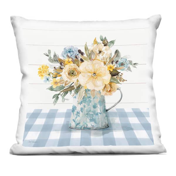 Summer Bouquet Farmhouse Floral Blue Plaid Zipper Polyester 18 in. x 18 in. Throw Pillow