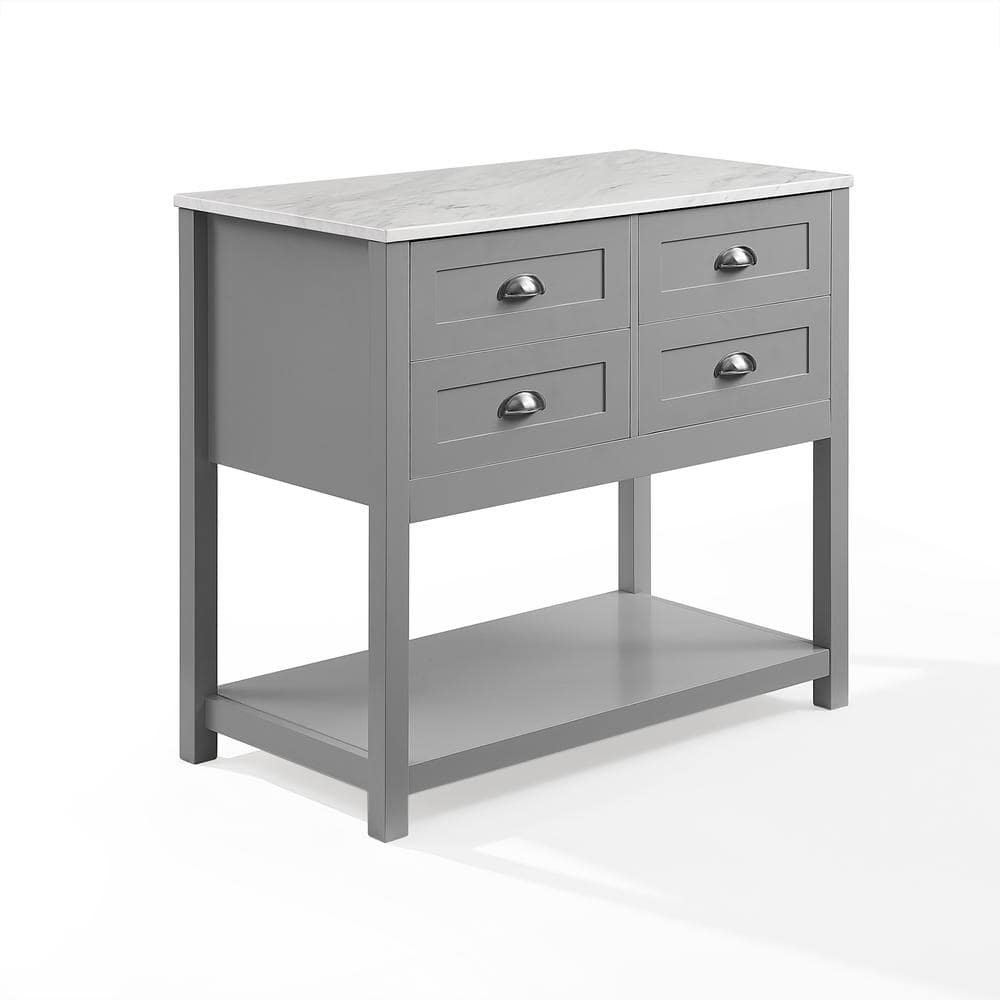 Elegant Gray Kitchen Cart with Faux Marble Top and Ample Storage