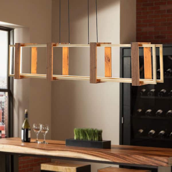 40 in. Modern 1-Light Linear Black and Wood Chandelier Rectangular LED Pendant Light for Dining Living Room Kitchen