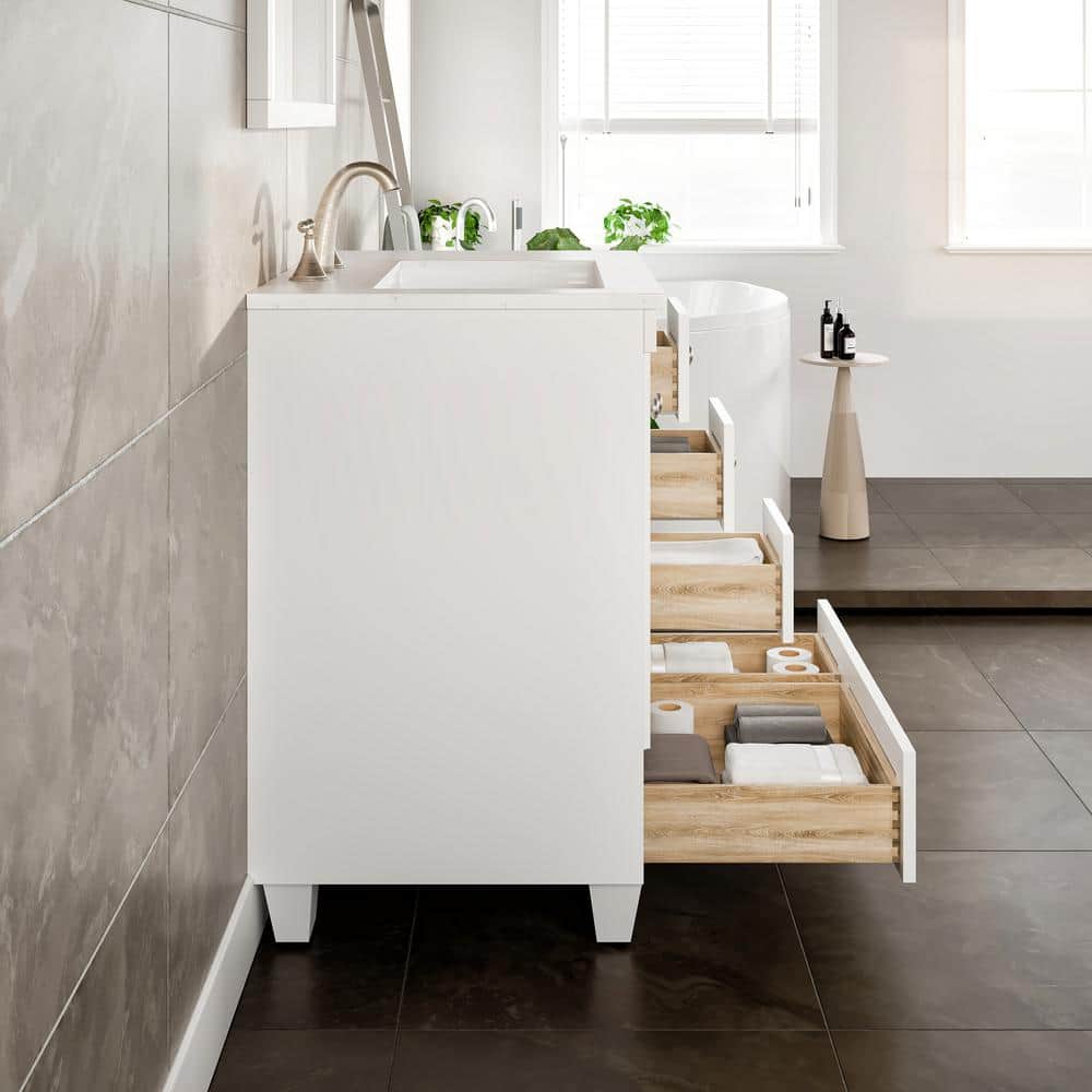 White Solid Wood Bathroom Vanity with Carrara Quartz Top and Sink