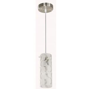 1-Light Brushed Nickel Mini Pendant with Wave Pattern Etched White Glass