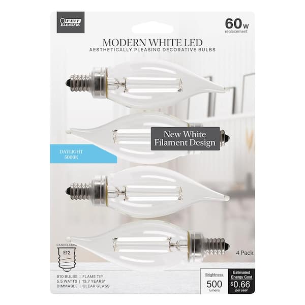Feit Electric 60-Watt Equivalent BA10 E12 Candelabra Dimmable White Filament Clear Chandelier LED Light Bulb, Daylight 5000K (4-Pack)