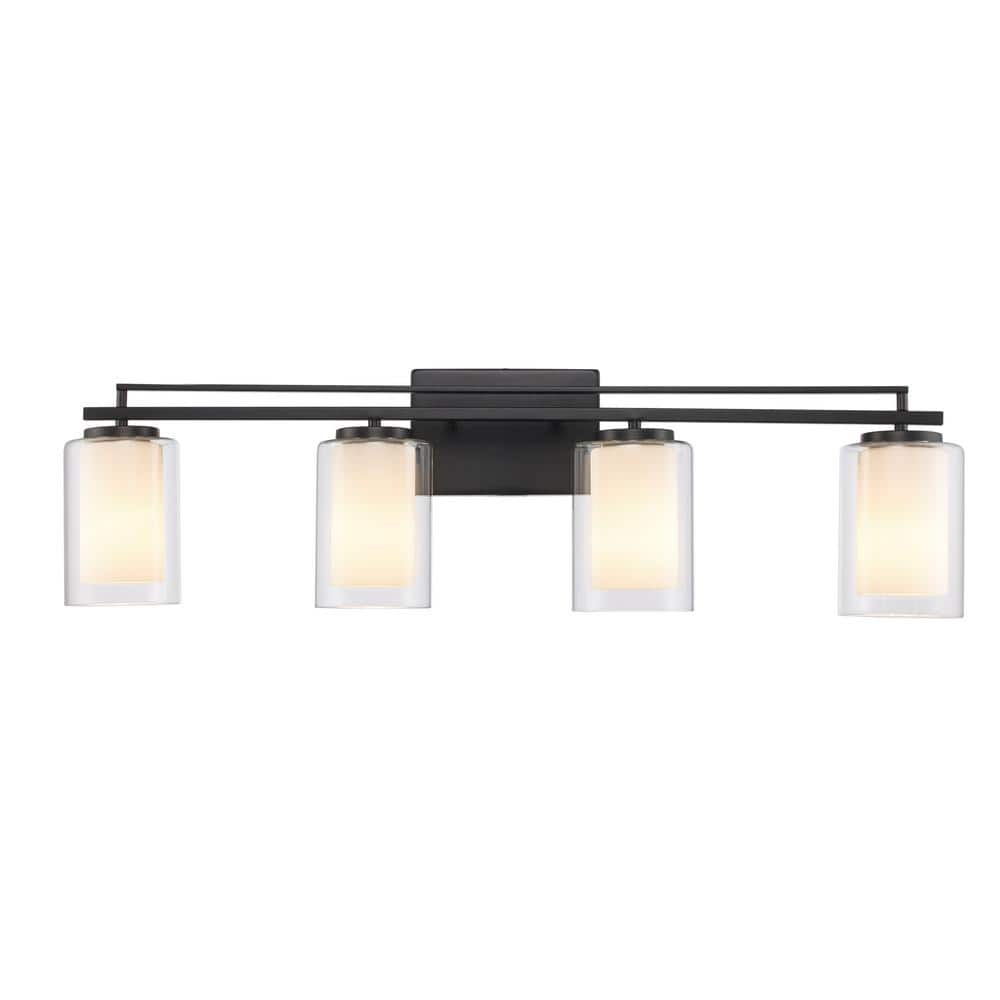 Lisbon 32 in. 4-Light Black Bathroom Vanity Light Fixture with Clear Glass Outer and Opal Glass Inner Shades