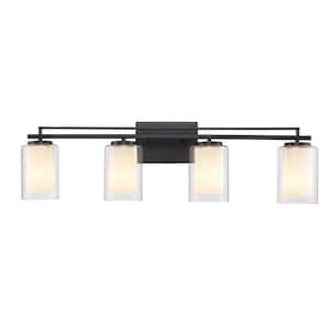 Lisbon 32 in. 4-Light Black Bathroom Vanity Light Fixture with Clear Glass Outer and Opal Glass Inner Shades