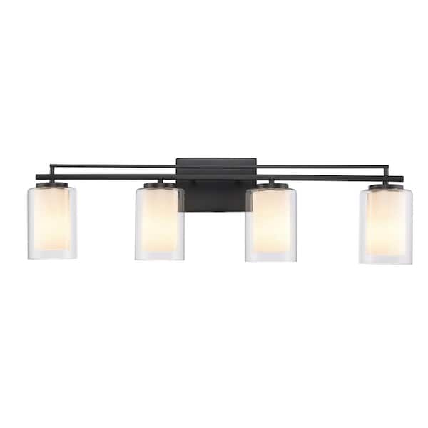 Bel Air Lighting Lisbon 32 in. 4-Light Black Bathroom Vanity Light Fixture with Clear Glass Outer and Opal Glass Inner Shades