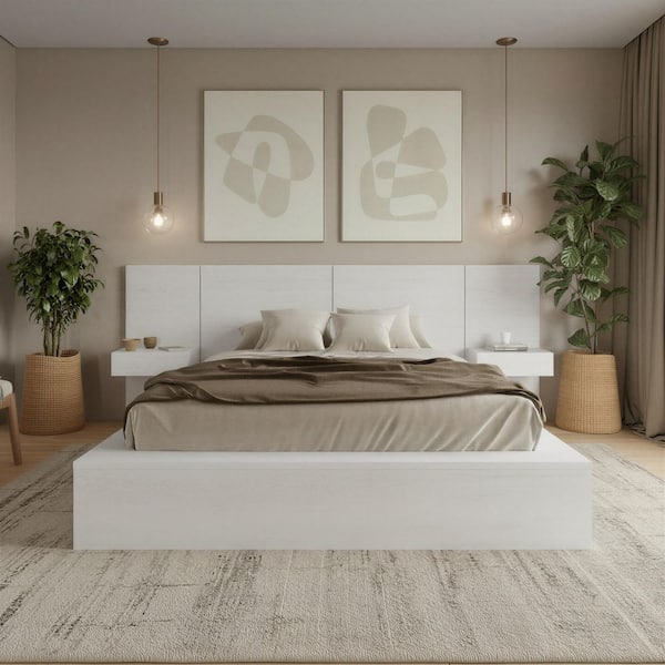 James 4-Piece White Composite King Size Bedroom Set with Floating Nightstands