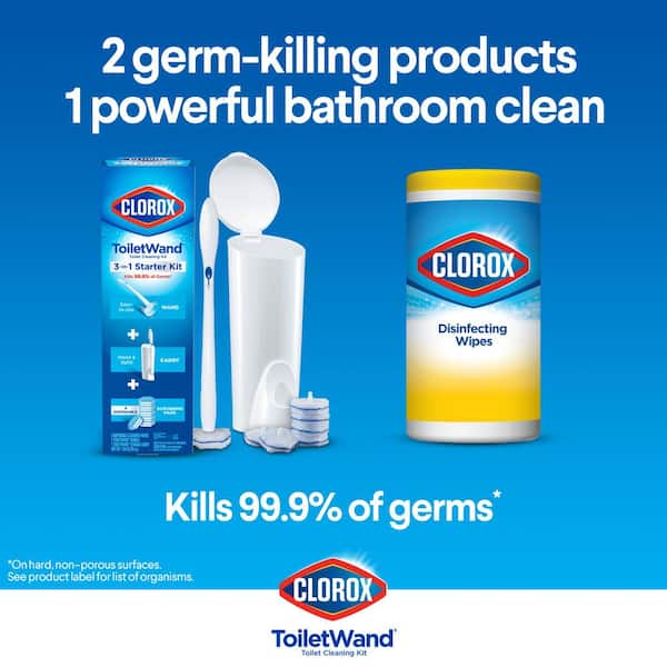 Clorox Get Your Bathroom Cleaner with Automatic Disposable Toilet Bowl Tablets, Disinfecting Wipes and 4 gal. Trash Bags, White