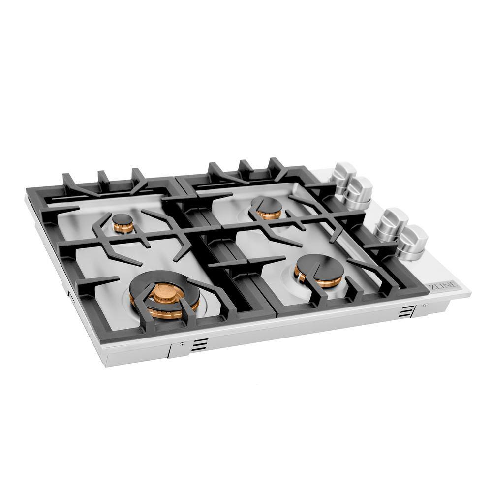 ZLINE Kitchen and Bath 30 in. 4 Burner Top Control Gas Cooktop with Brass Burners in Stainless Steel, Brushed 430 Stainless Steel