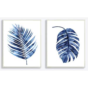 10 in. x 15 in. "Indigo Dark Blue Palm Frond Plant Painting Duo" by Artist Melonie Miller Wood Wall Art(2-pieces)
