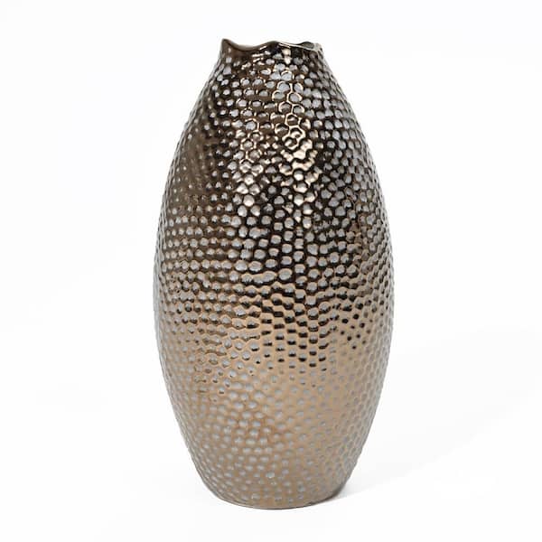LuxenHome 13.8 in. H Gold Antique Dimpled Terracotta Vase