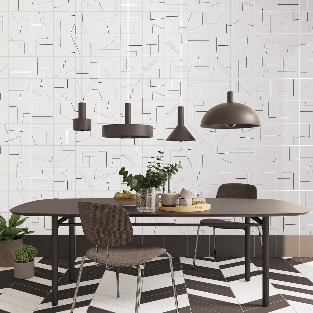 Kenzo 8" x 8" Black and White Porcelain Patterned Tile