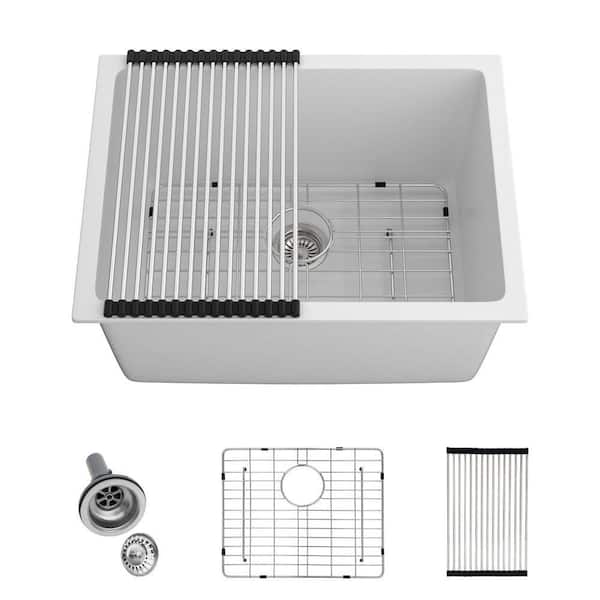 24 in. W x 18 in. D Undermount Laundry/Utility Sink in White Granite Quartz Composite with Bottom Grid
