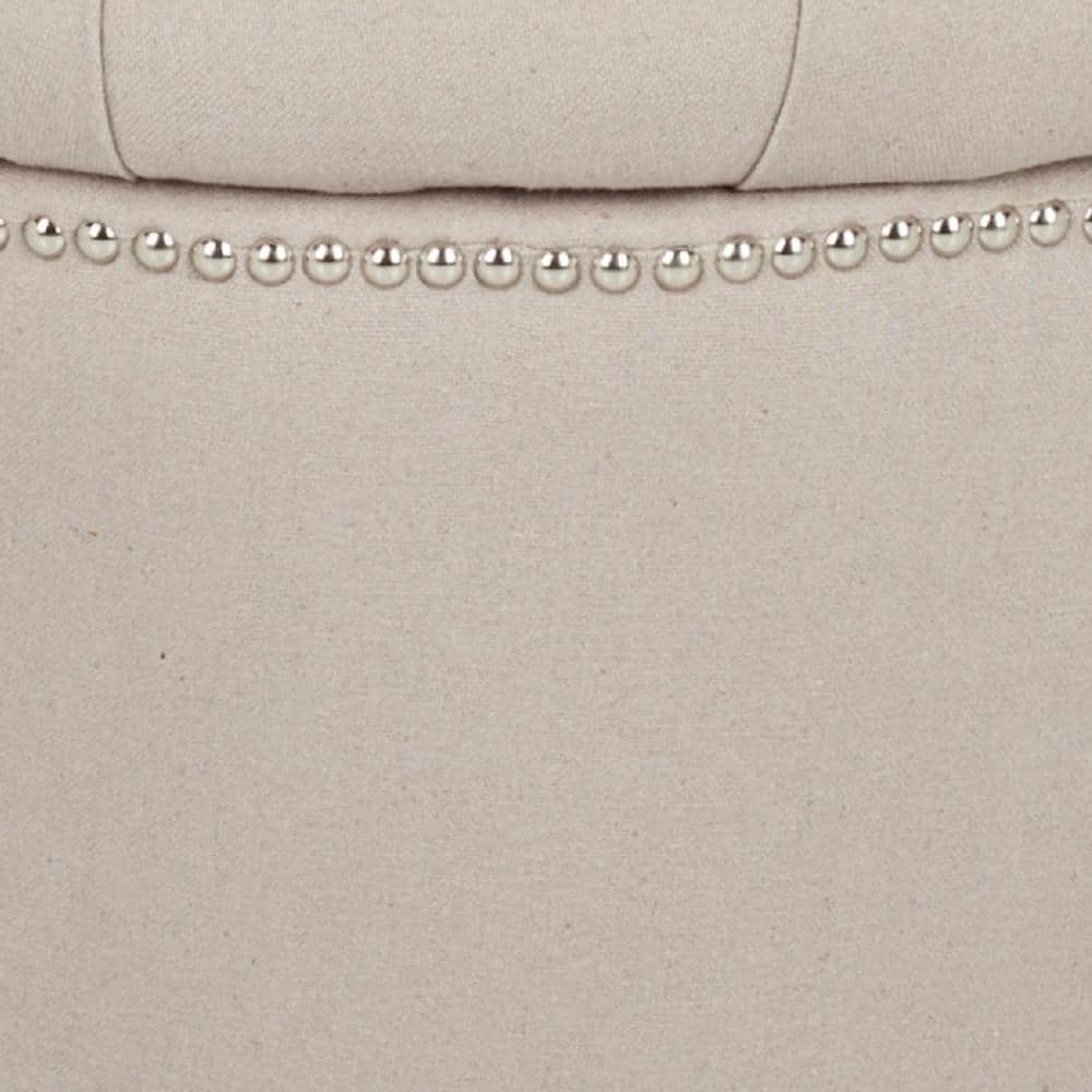 Taupe Tufted Linen Circle Ottoman with Nailhead Trim