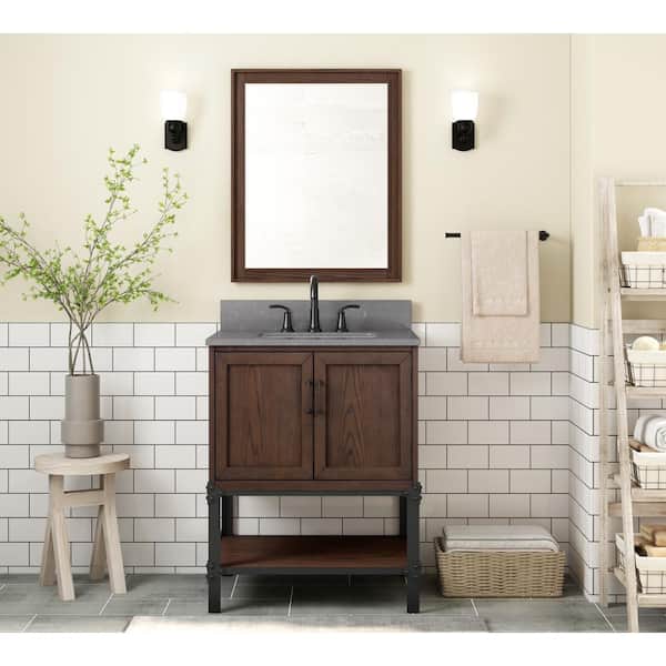 Home Decorators Collection Alster 30 in. W x 22 in. D x 35 in. H Single Sink Freestanding Bath Vanity in Brown Oak with Gray Engineered Stone Top