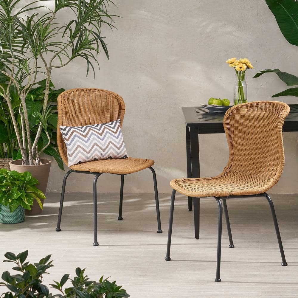 Light Brown Wicker Armless Dining Chair with Black Iron Frame