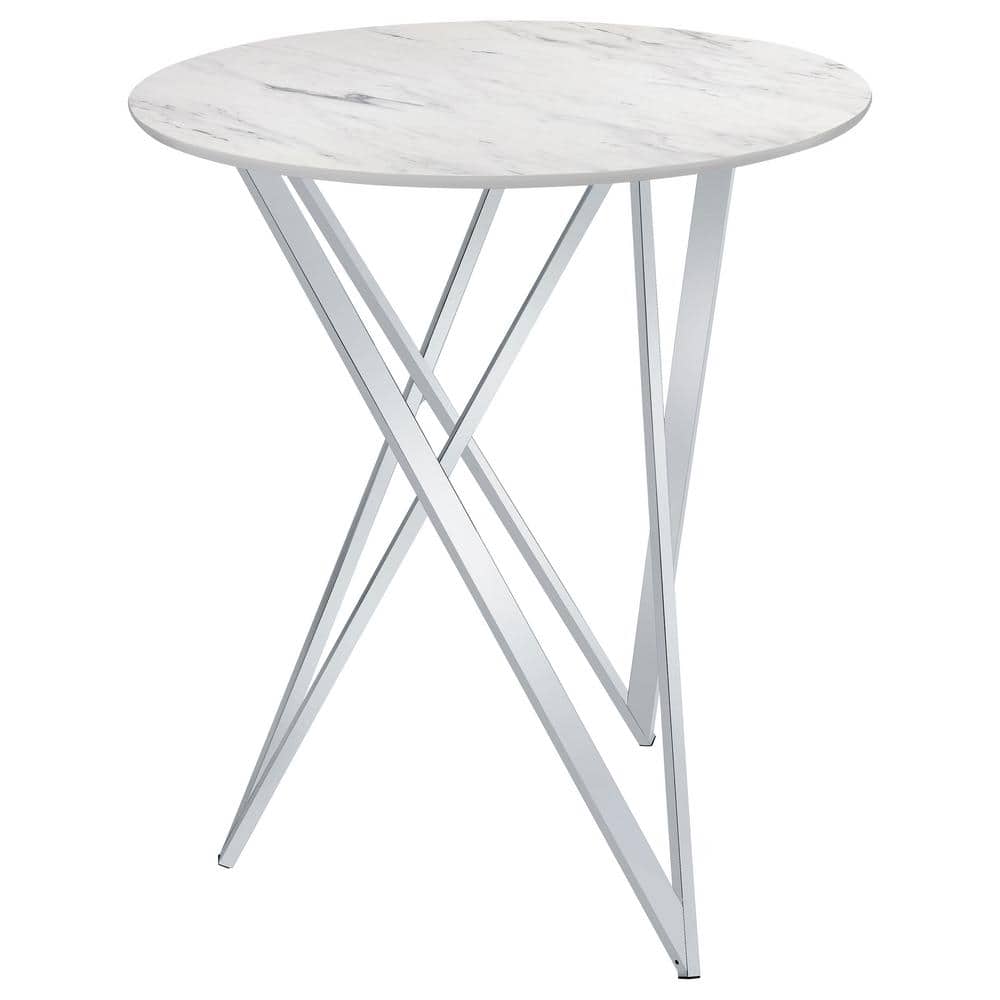 Round White Faux Marble Bar Height Table with Metal Base