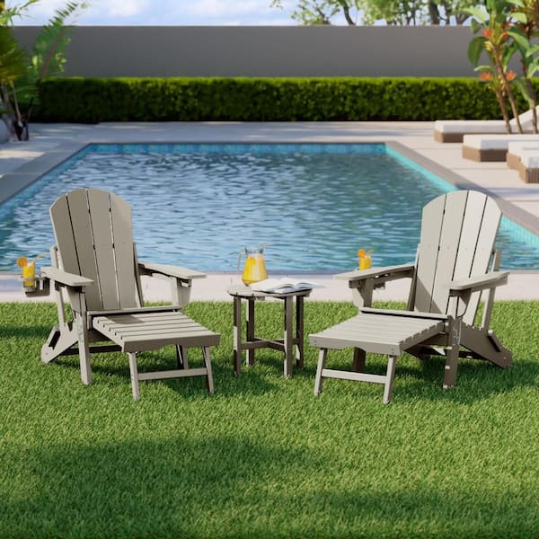 Laguna Outdoor Weather Proof 3-Piece Folding Adjustable Adirondack Chair w/ Pull Out Ottoman & Table Set, Sand