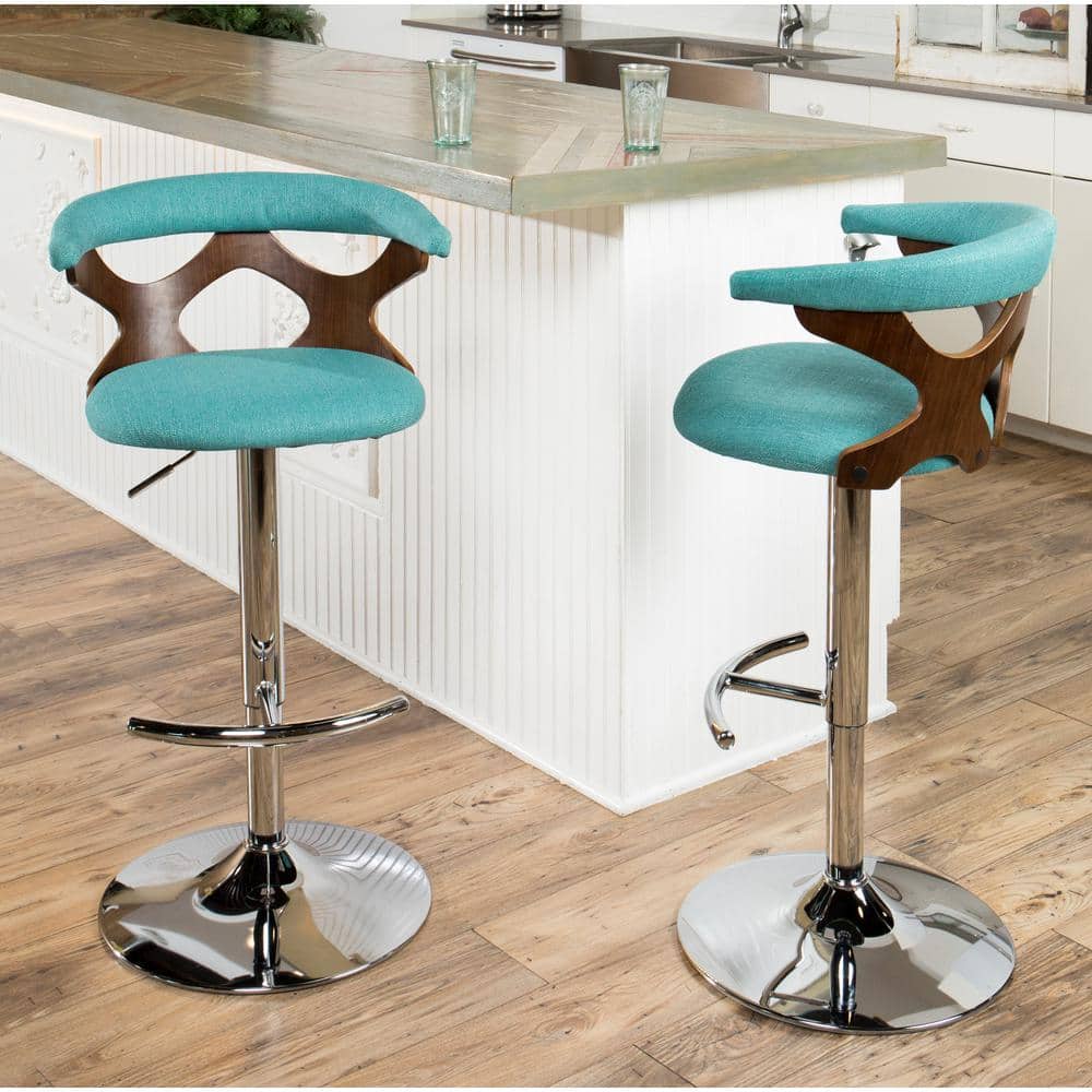 Teal Adjustable Swivel Barstool with Walnut Wood Frame