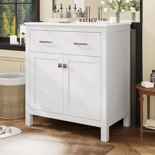 Nestfair 30 in. W x 18.3 in. D x 33.59 in. H Single Sink Freestanding Bath Vanity in White with White Ceramic Top