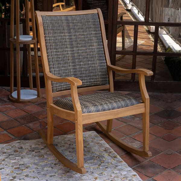 Cambridge Casual Luton Unfinished Teak Wood Outdoor Rocking Chair with Padded Woven Koboo Gray Cushion