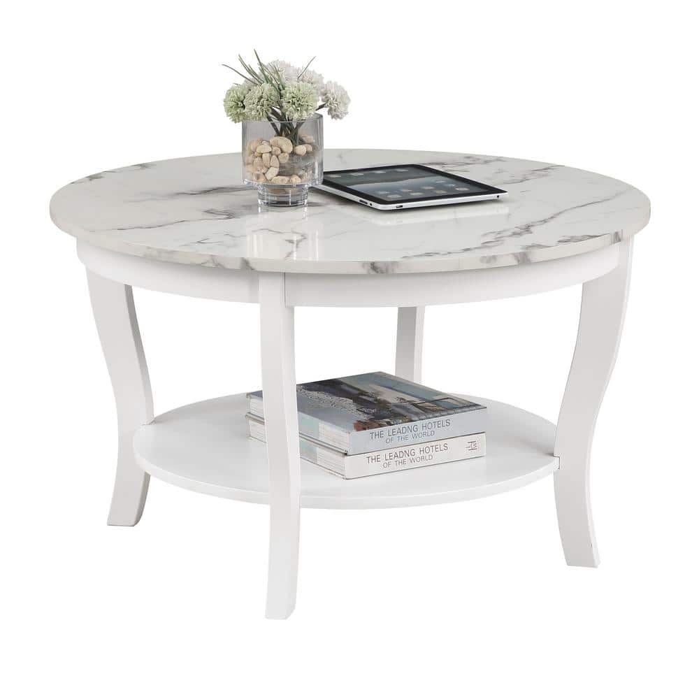 Heritage 30" Round White Faux Marble Coffee Table with Shelf