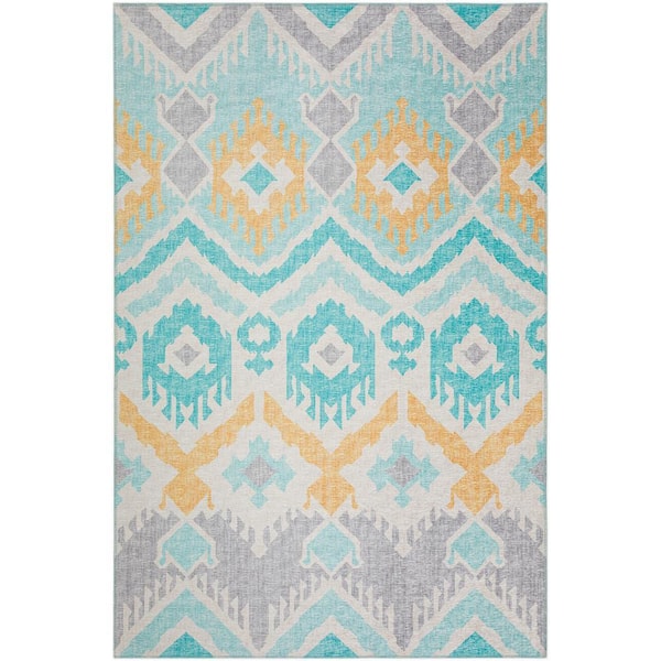 Yuma Blue 8 ft. x 10 ft. Geometric Indoor/Outdoor Washable Area Rug