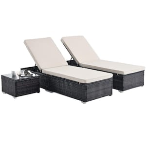 Wicker Outdoor Chaise Lounge Chair Reclining Adjustable Backrest and Removable Beige Cushions, Coffee Table(Set of 3)