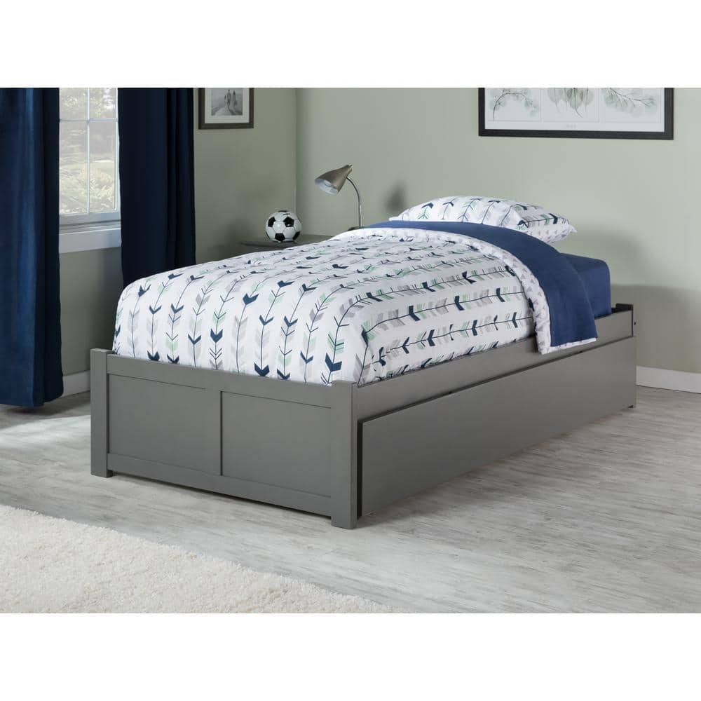 Gray Twin XL Wood Platform Bed with Trundle and Slats