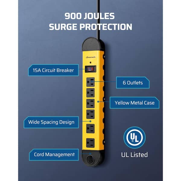 15 ft. 6-Outlet Heavy-Duty Metal Surge Protector Power Strip, 900J