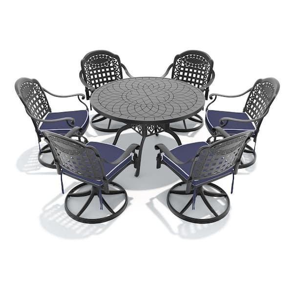 7-Piece Black Cast Aluminum Patio Outdoor Dining Set with Round Table and 6 Swivel Dining Chairs, Blue Cushions