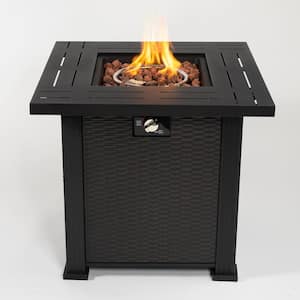 28 in. Dark Brown Square Wicker Propane Gas Fire Pit Table 40,000 BTU with Lava Rocks and Lid