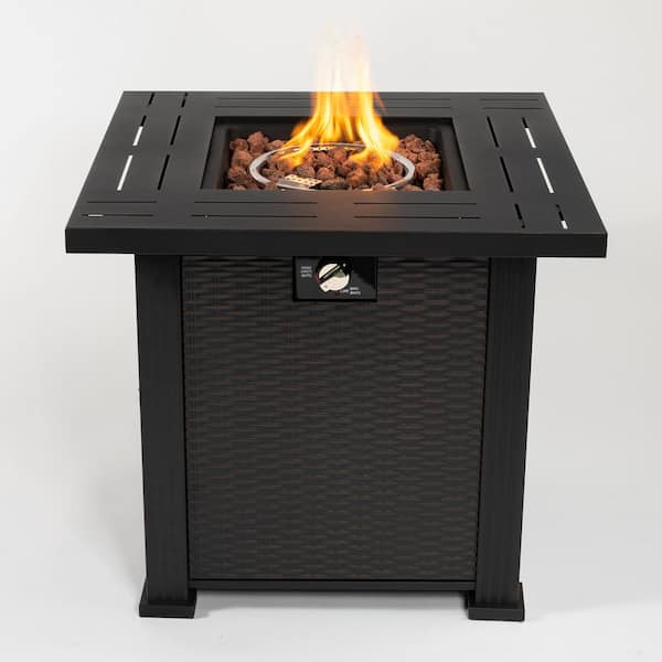 Huluwat 28 in. Dark Brown Square Wicker Propane Gas Fire Pit Table 40,000 BTU with Lava Rocks and Lid