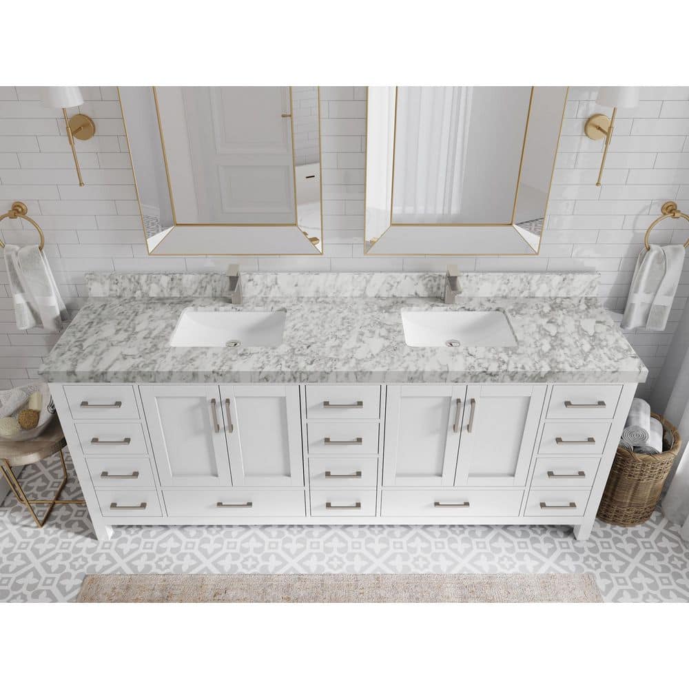 Malibu 84" White Solid Wood Double Sink Vanity with Carrara Marble Top