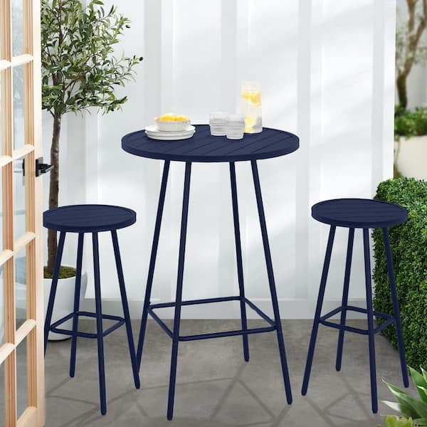3-Piece Steel Patio Bar Height Round Outdoor Navy Bistro Set w/ Backless Stools