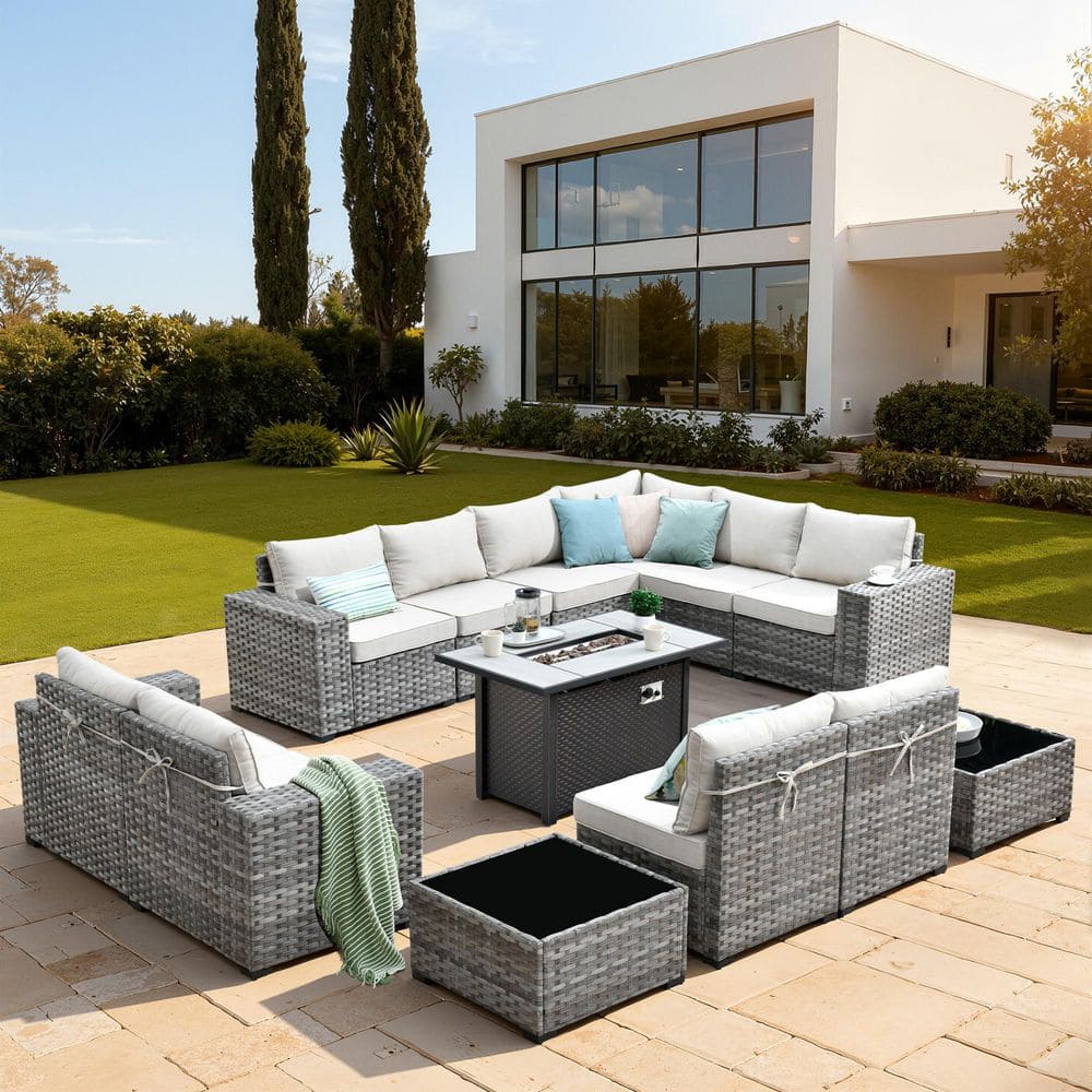 Baldwin Gray 13-Piece Wicker Wide Arm Outdoor Patio Sofa Sectional Set with Metal Fire Pit and Beige Cushions price history on PriceWatchPro