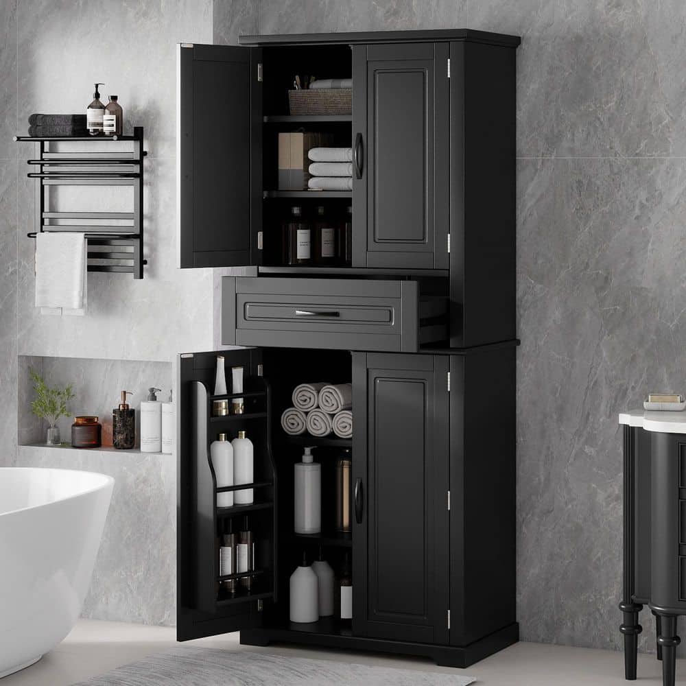 Stowline Modern Black Wood 72 in. H Bathroom Storage Cabinet with Multi-Functional Storage Space