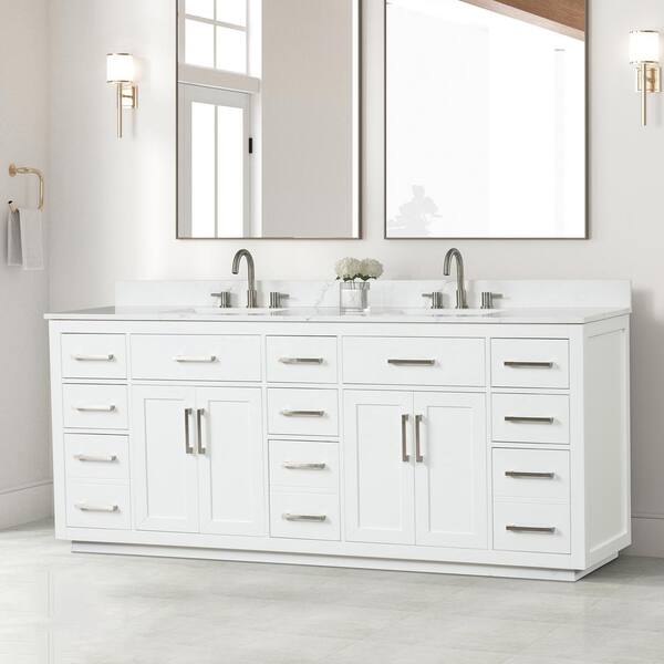 HBEZON Aphrodite 84 in. W x 22 in. D x 36 in. H Freestanding Bath Vanity in White with White Quartzite Top and Double Sink